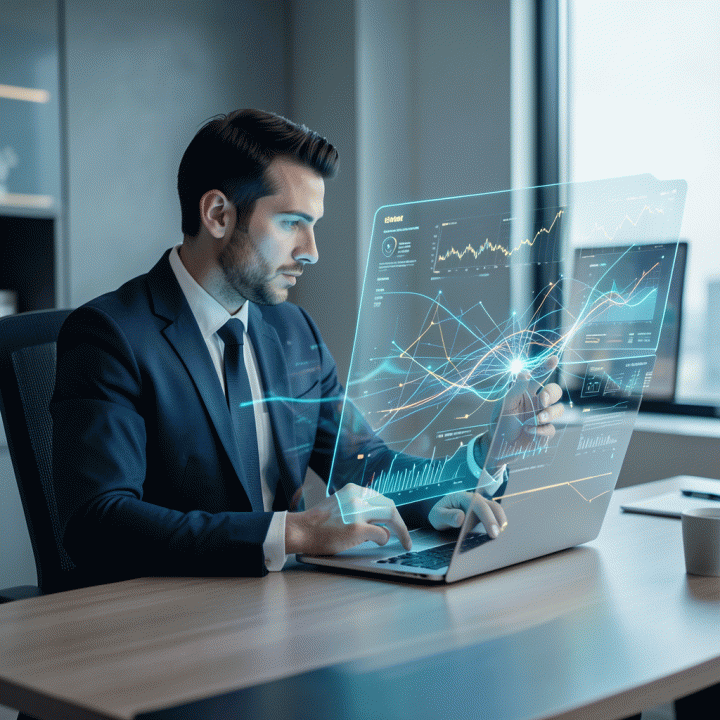 Seorang manajer pemasaran digital yang fokus menganalisis aliran data holografik di meja kerjanya, mengubah data mentah menjadi insight strategis yang terukur.