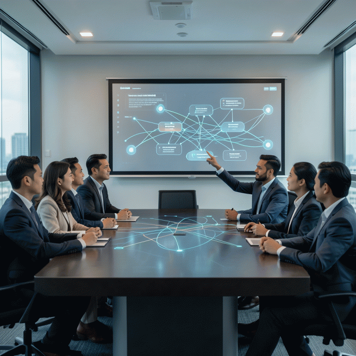 Grup profesional dalam rapat strategi pemasaran omnichannel di ruangan modern, menunjukkan visualisasi ekosistem data yang terintegrasi dan sinergis.
