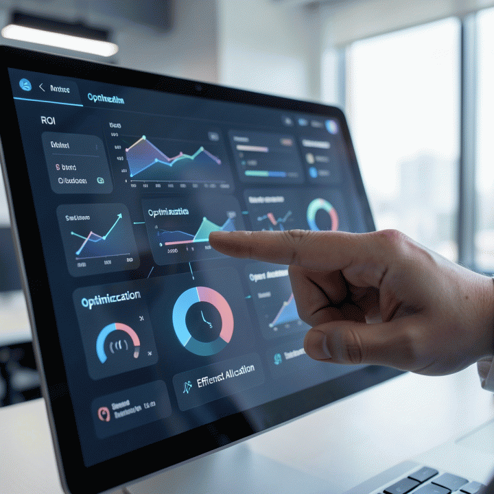 Tangan menunjuk ke dasbor digital yang menampilkan visualisasi data kompleks tentang alokasi anggaran iklan dan ROI yang optimal.