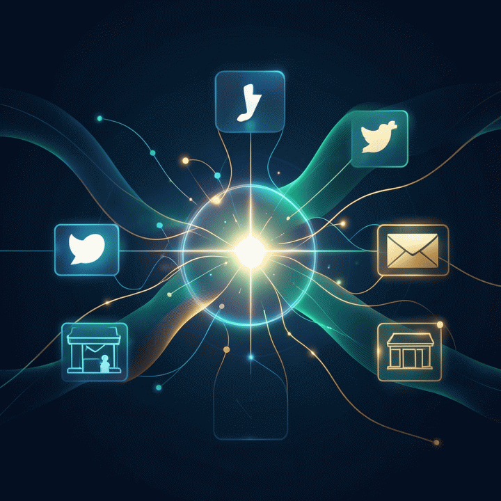 Visualisasi abstrak ekosistem pemasaran omnichannel yang terintegrasi, menunjukkan aliran data yang mulus antar berbagai saluran pemasaran.