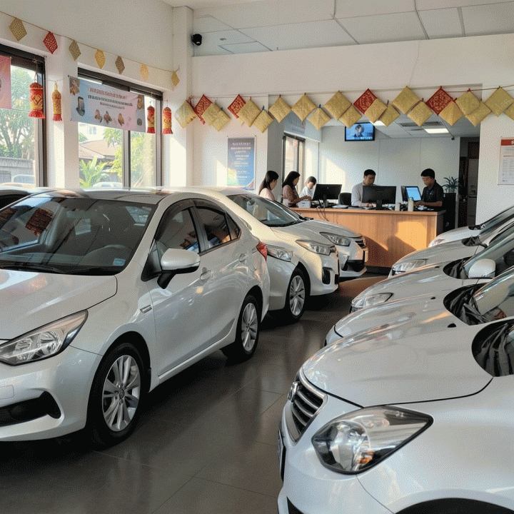 Fasilitas rental mobil modern dengan armada mobil bersih dan staf menggunakan perangkat digital untuk mengelola operasional selama musim Lebaran.