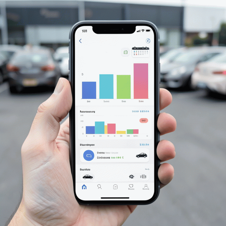 Smartphone menampilkan dashboard manajemen rental mobil dengan grafik dan ikon kalender secara visual, tanpa teks terbaca.