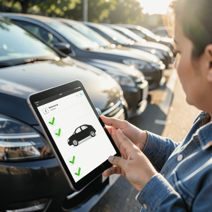 Karyawan rental mobil memeriksa kendaraan menggunakan tablet dengan antarmuka checklist abstrak, tanpa teks terbaca.