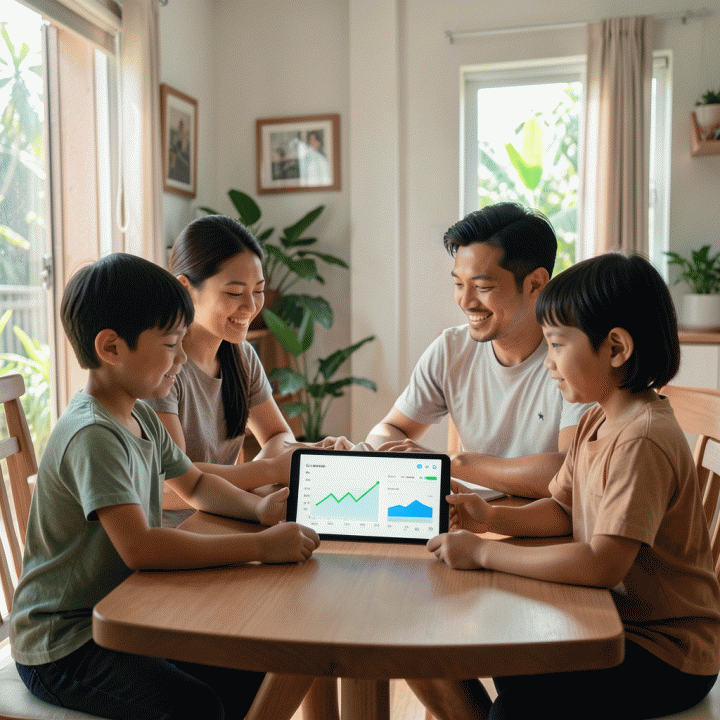 Keluarga modern Indonesia yang sedang berkumpul di meja kayu, fokus melihat dashboard keuangan abstrak di tablet, menunjukkan perencanaan anggaran yang terorganisir dan tenang.