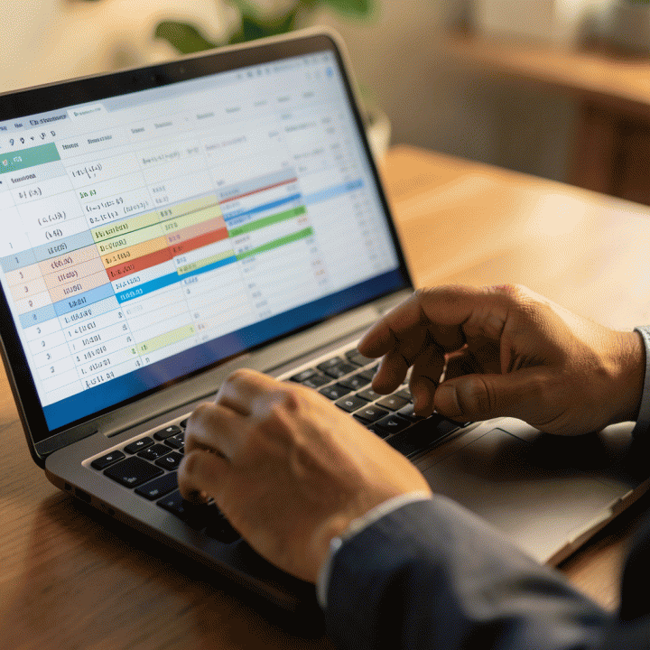 Tangan profesional Indonesia yang sedang menganalisis data dan mengisi spreadsheet keuangan di laptop, menunjukkan proses pelacakan transaksi yang detail.