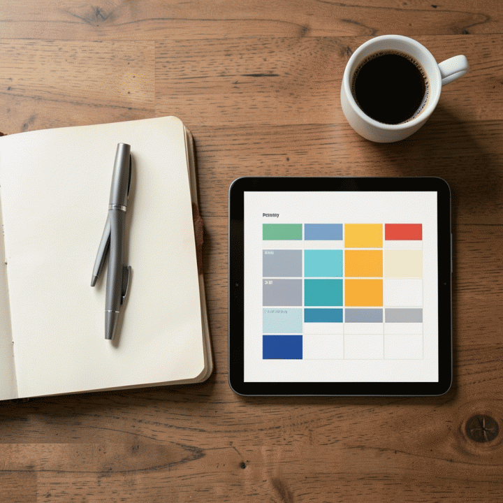 Tampilan meja kerja minimalis dan terorganisir, menampilkan buku catatan, pena, dan tablet dengan layout perencanaan anggaran bulanan yang abstrak.