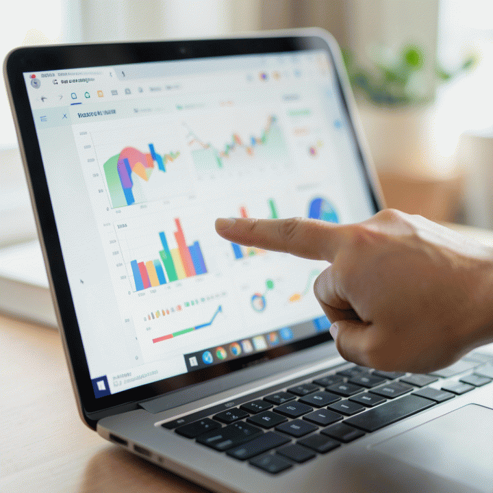 Tangan menunjuk pada bagian tertentu di spreadsheet digital yang menampilkan visualisasi data keuangan, menunjukkan proses pelacakan anggaran.
