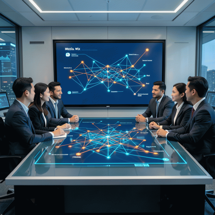 Sejumlah manajer pemasaran yang profesional sedang berkumpul di ruang strategi futuristik, menatap peta digital yang menunjukkan alokasi anggaran iklan (media mix) yang optimal dan terstruktur.