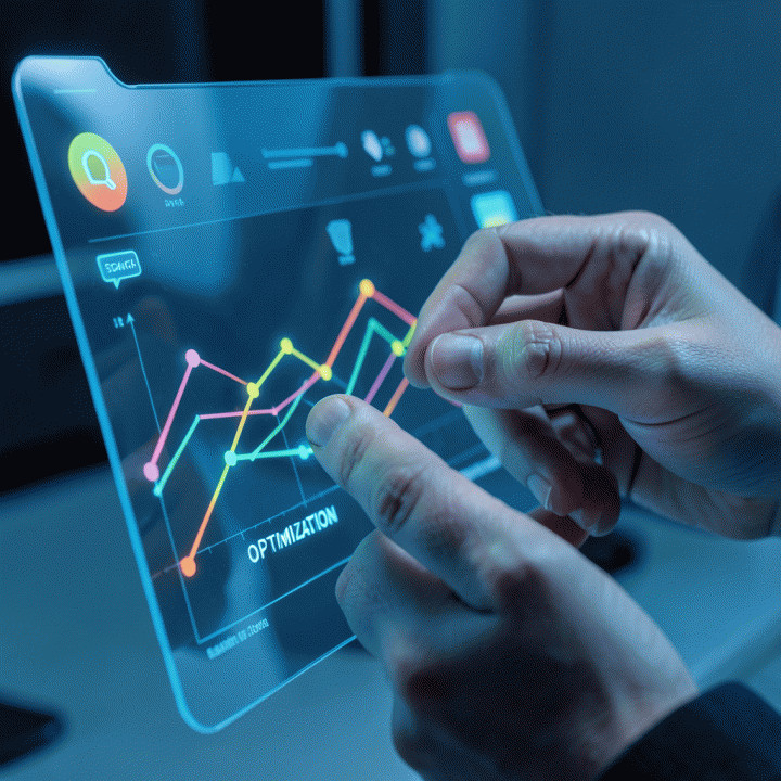 Tangan seorang manajer pemasaran berinteraksi dengan antarmuka hologram yang menampilkan visualisasi optimalisasi bauran iklan media campuran.