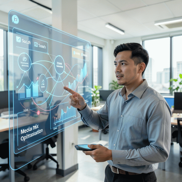 Manajer pemasaran profesional sedang meninjau visualisasi data kompleks dan peta alokasi anggaran media mix yang optimal pada layar holografik di kantor modern.
