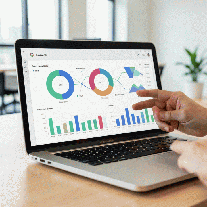 Dashboard digital yang menampilkan visualisasi terperinci dan terstruktur mengenai optimasi alokasi anggaran iklan antar berbagai saluran media.