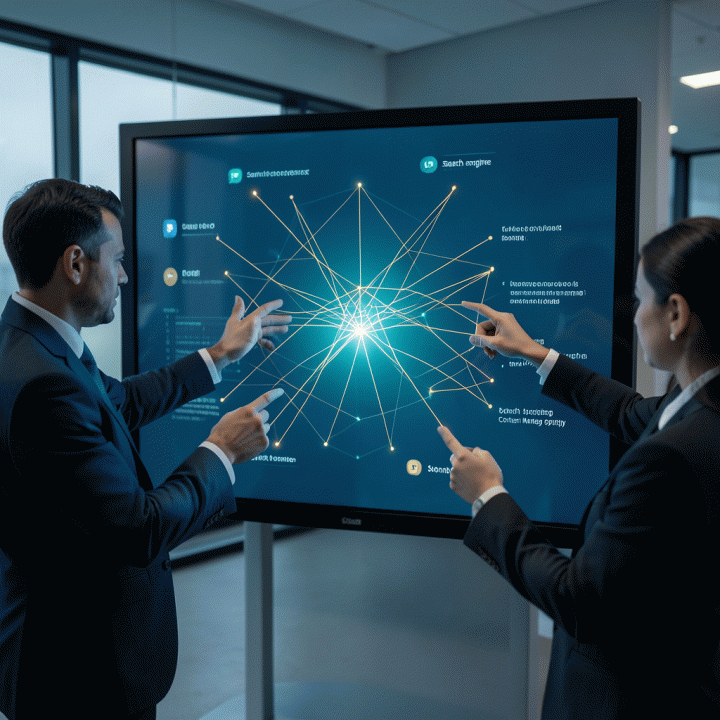 Tim pemasaran profesional sedang berdiskusi di depan layar digital interaktif yang menampilkan visualisasi data bauran iklan yang rumit dan terstruktur, melambangkan perencanaan strategis yang optimal.
