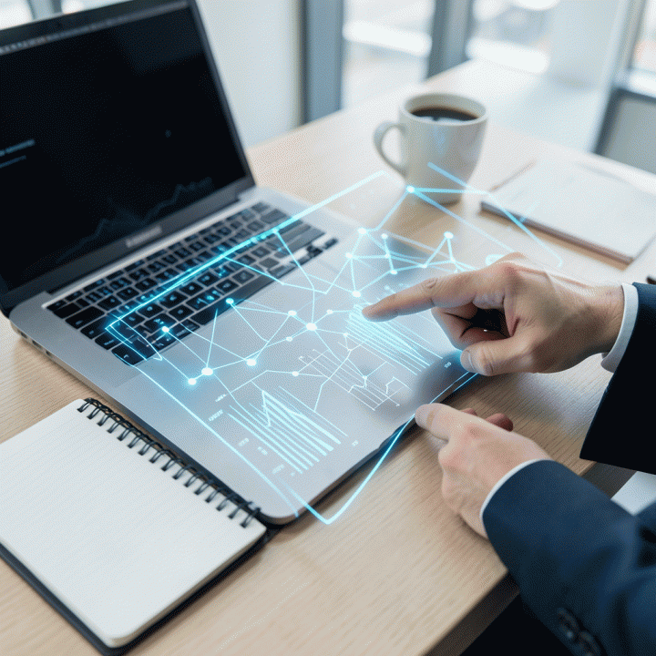 Tampilan atas meja kerja modern dengan dashboard holografik abstrak yang menampilkan visualisasi data strategi pemasaran terintegrasi.