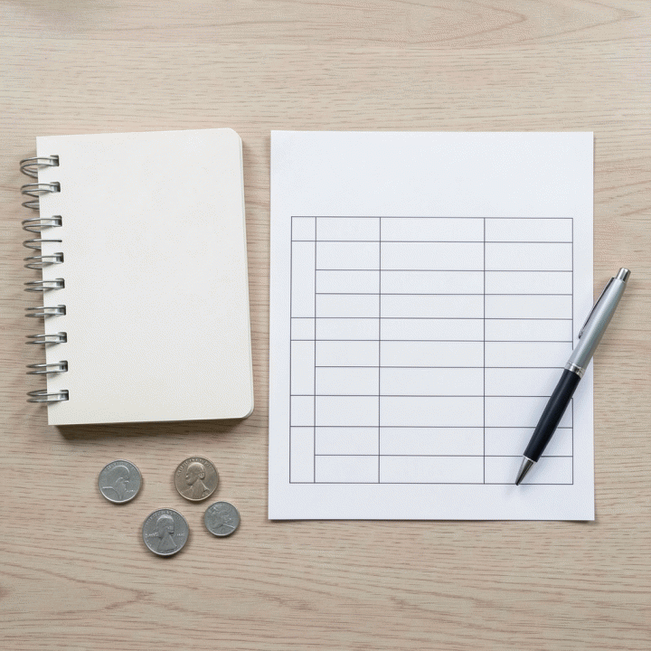 Tata letak alat keuangan yang terorganisir, termasuk jurnal, koin surplus, dan template spreadsheet anggaran.