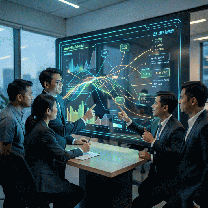 Tim profesional yang berdiskusi di sekitar visualisasi data holografik yang kompleks, menunjukkan optimalisasi bauran iklan media mix di tahun 2026.