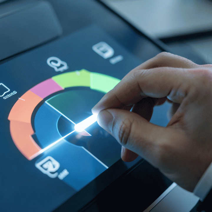 Tangan yang menyesuaikan dial visualisasi dashboard untuk mengoptimalkan alokasi anggaran iklan.