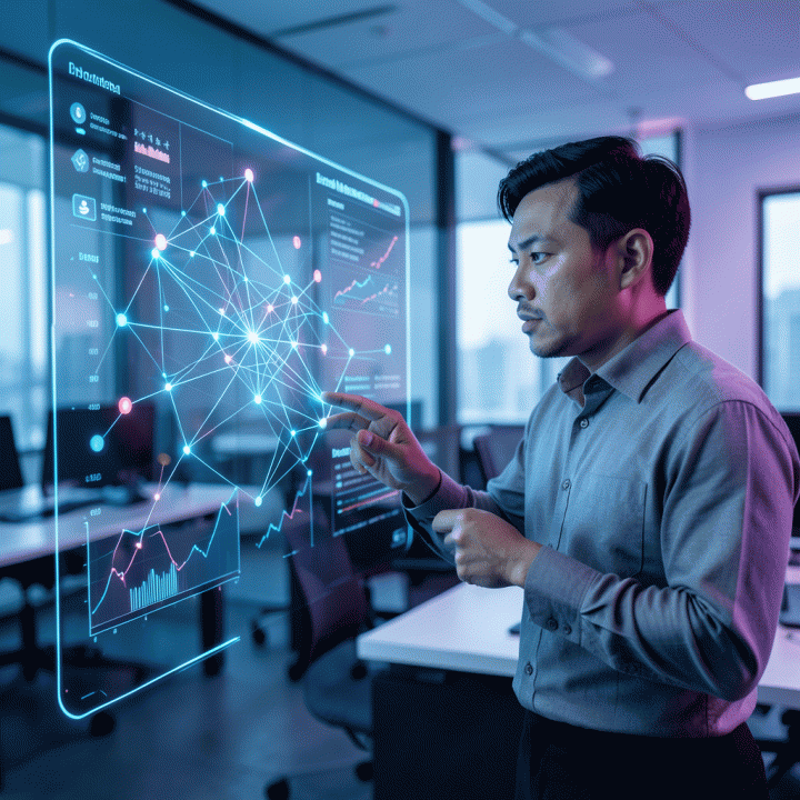 Seorang manajer digital marketing profesional menganalisis tren data kompetitif dan insight AI pada tampilan holografik di kantor modern.