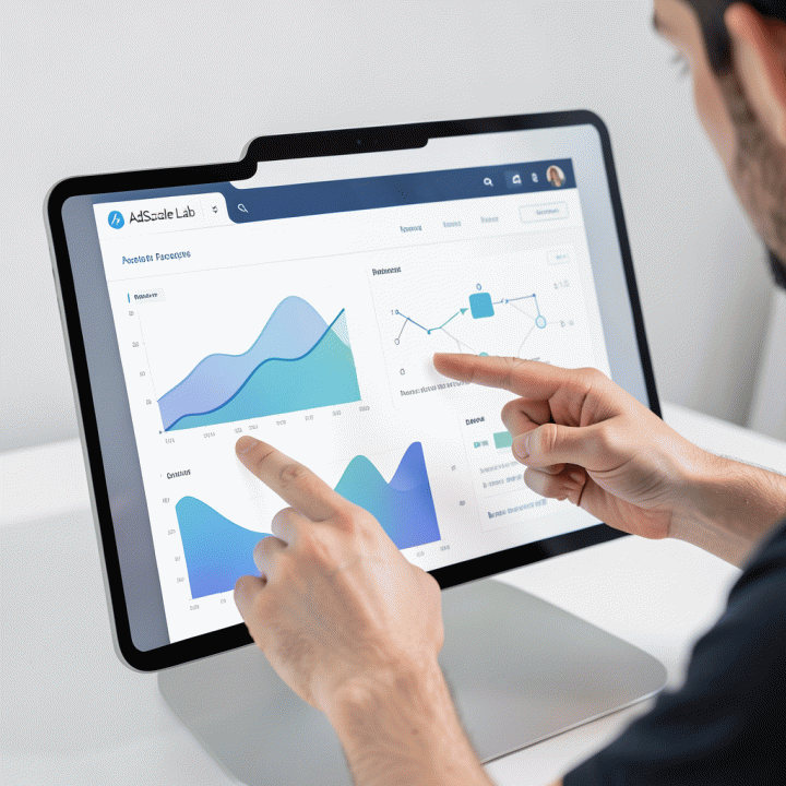 Pengguna berinteraksi dengan dashboard AI yang menyajikan insight data yang kompleks menjadi strategi yang mudah diterapkan.