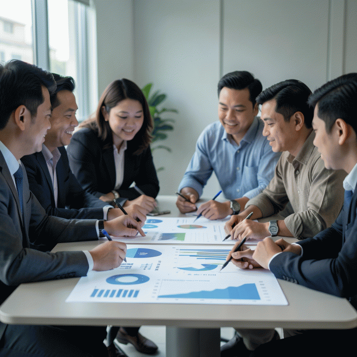 Tim profesional marketing berdiskusi dan menemukan insight penting dari visualisasi data di meja.