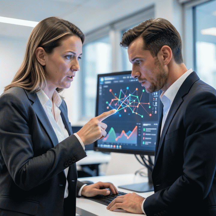 Seorang profesional pemasaran digital yang fokus menganalisis data kompleks pada monitor besar, menunjukkan strategi iklan berbasis data yang teroptimasi.