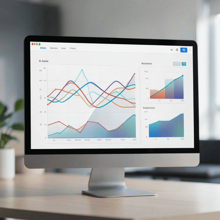 Tampilan abstrak dashboard analisis data yang menunjukkan proses pengolahan data menjadi insight strategi pemasaran.