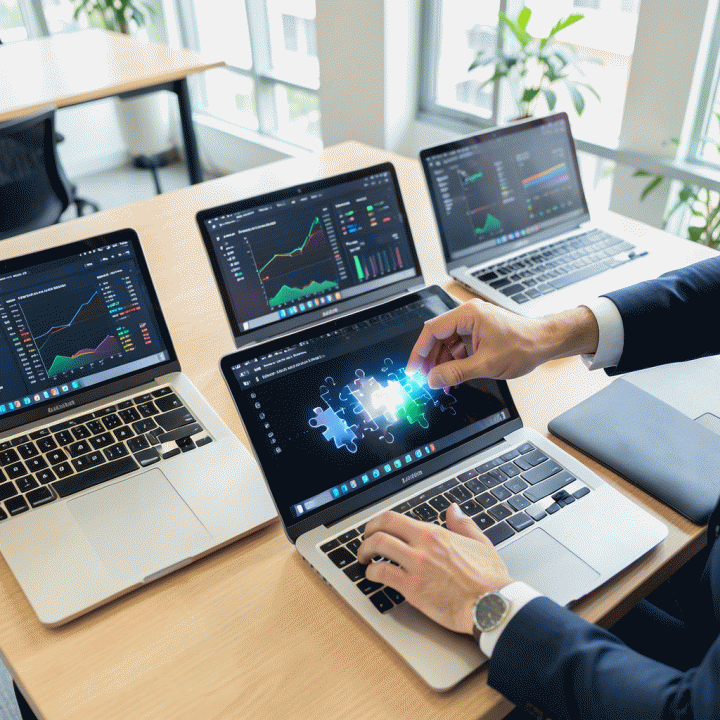 Tangan seorang marketer menempatkan &lsquo;potongan puzzle&rsquo; insight di atas dashboard data yang kompleks, melambangkan menemukan celah kompetitif.