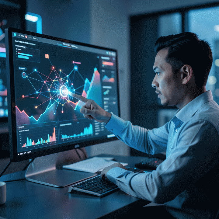 Seorang manajer pemasaran digital yang fokus menganalisis visualisasi data canggih di layar monitor besar, menemukan celah strategi iklan yang optimal dengan bantuan AI.