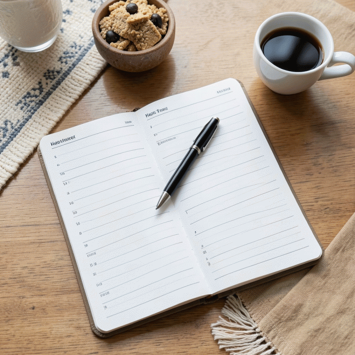 Tampilan datar (flat lay) meja kerja yang terorganisir, menampilkan buku catatan kebiasaan (habit tracker), alat tulis, dan sajadah kecil, melambangkan perencanaan ibadah yang terintegrasi dalam kesibukan kerja.
