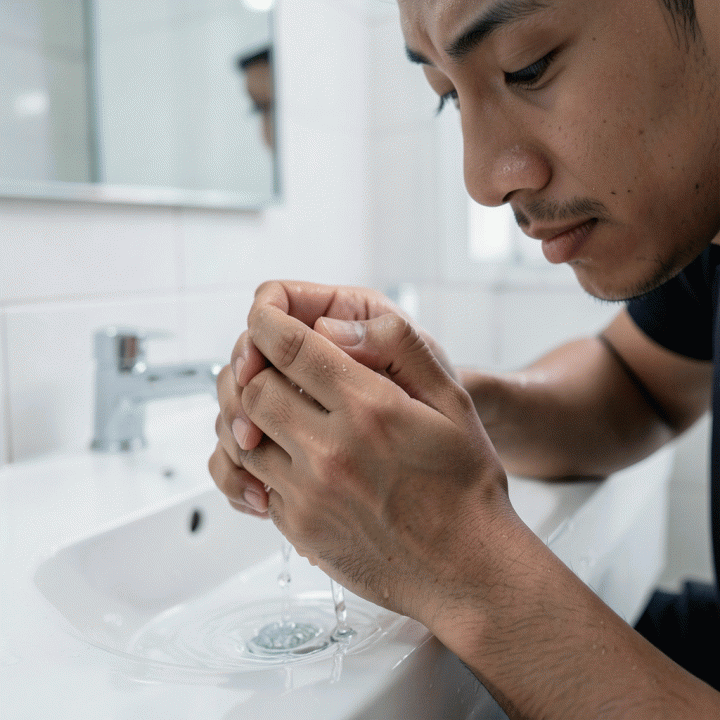 Close-up tangan seorang pria muda sedang berwudhu dengan tenang, menonjolkan aspek ritual dan kesucian.