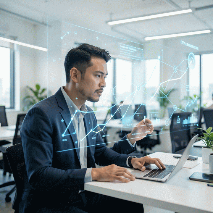 Seorang profesional pemasaran digital Indonesia sedang menganalisis visualisasi data programatik dan CTV yang kompleks pada layar holografik, menunjukkan strategi optimalisasi iklan.