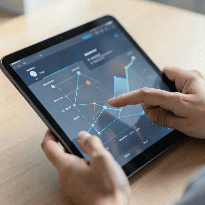 Tangan seorang profesional menganalisis dashboard data programatik yang abstrak dan menunjukkan tren pertumbuhan, melambangkan optimalisasi anggaran.