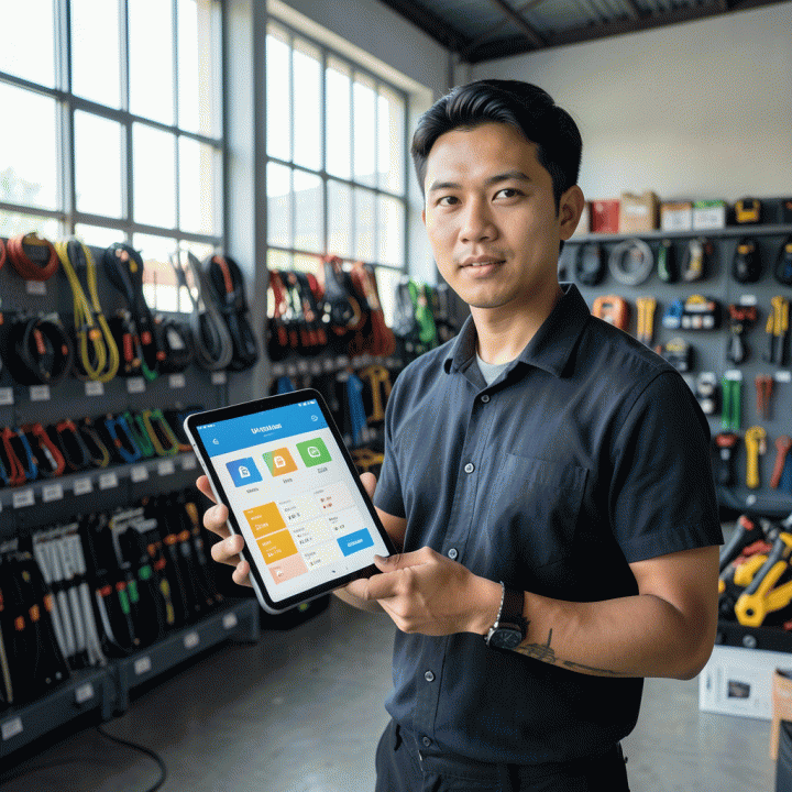 Manajer bisnis rental menggunakan tablet untuk mengelola inventaris dan jadwal di gudang penyewaan yang terorganisir.