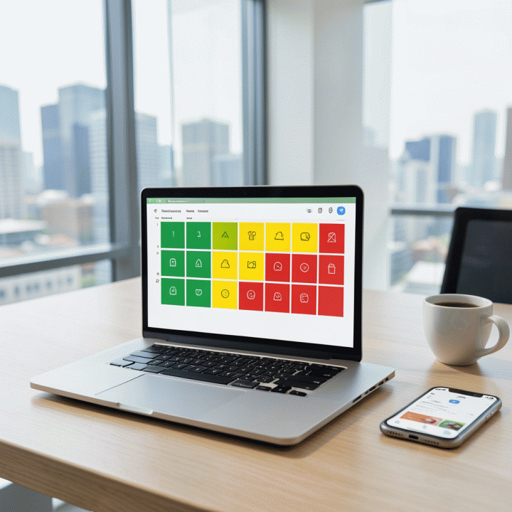 Kalender pemesanan digital pada laptop menampilkan jadwal dengan kode warna tanpa teks.
