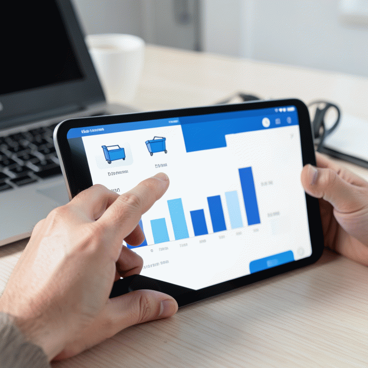 Dashboard manajemen inventaris digital pada tablet menampilkan stok dan grafik tanpa teks.