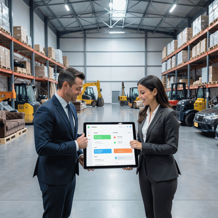Ilustrasi profesional dan realistis tentang manajemen inventaris rental multi-aset yang terdigitalisasi, menampilkan staf yang bekerja di depan tablet dashboard yang menunjukkan alur kerja optimalisasi aset.