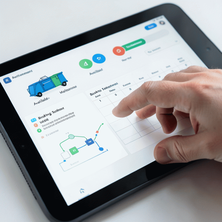Tampilan close-up dashboard manajemen inventaris digital yang menunjukkan pelacakan aset dan jadwal sewa yang terorganisir.