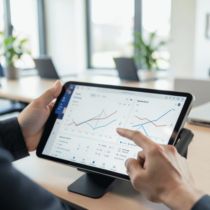 Tangan profesional berinteraksi dengan antarmuka digital di tablet yang menampilkan visualisasi manajemen inventaris dan jadwal sewa yang rapi.