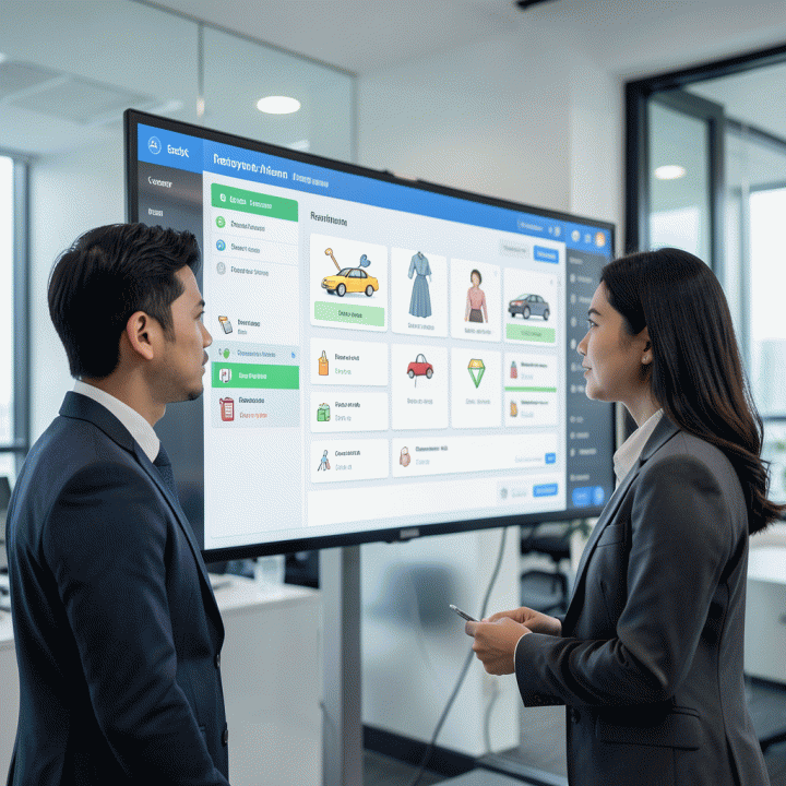 Dua profesional bisnis Indonesia sedang berdiskusi di depan dashboard digital yang menampilkan visualisasi data inventaris dan jadwal sewa yang terintegrasi secara real-time, melambangkan manajemen operasional rental yang efisien.