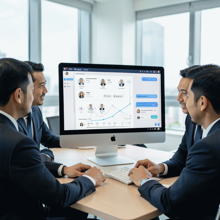 Tim manajer bisnis Indonesia berdiskusi di sekitar layar monitor yang menampilkan antarmuka pengguna yang terstruktur untuk manajemen komunikasi dan riwayat pemesanan penyewa.