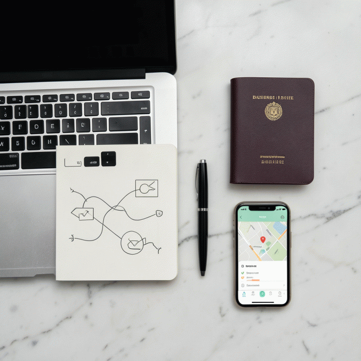 Tata letak peralatan penting untuk perjalanan bisnis yang terorganisir, termasuk laptop, buku catatan, dan ponsel.