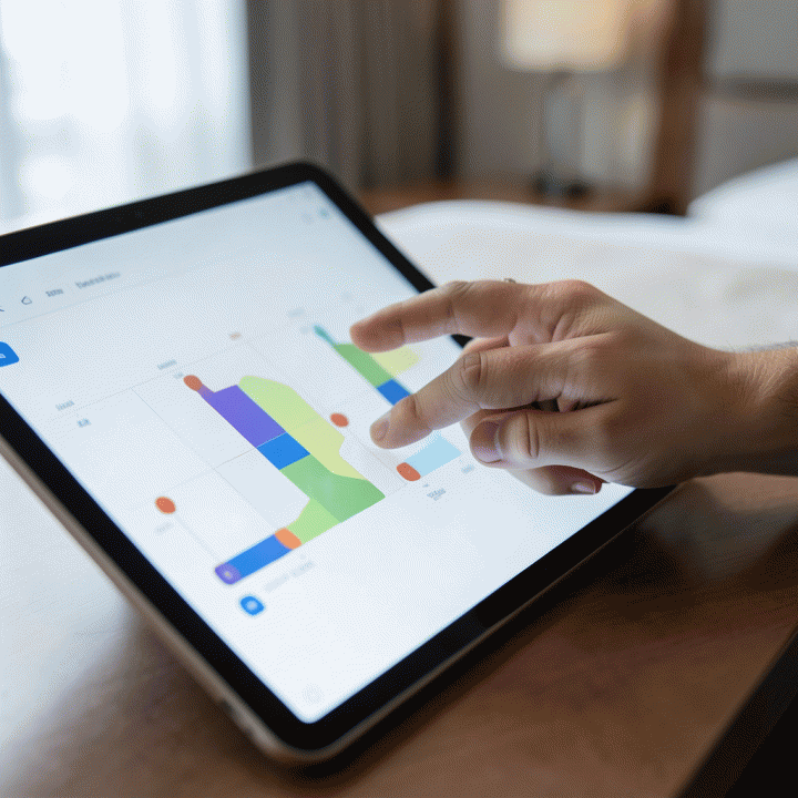 Tangan profesional yang sedang mengatur jadwal perjalanan di tablet di kamar hotel yang elegan.
