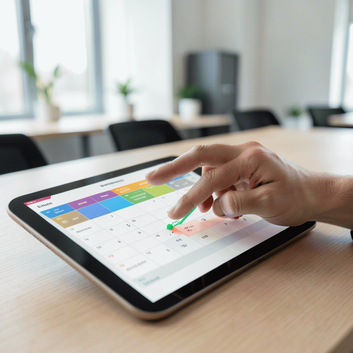 Tangan profesional yang sedang mengatur jadwal booking di tablet, menunjukkan proses optimasi operasional sewa yang mudah.