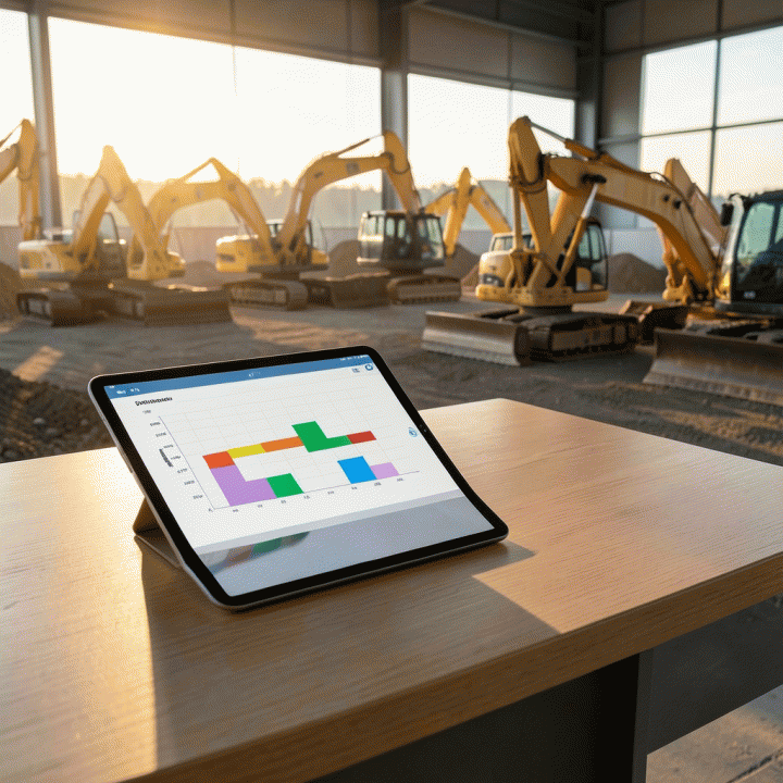 Tampilan meja manajemen modern dengan tablet yang menampilkan jadwal sewa alat berat yang terstruktur, diapit oleh alat berat yang tertata rapi, melambangkan optimalisasi operasional.