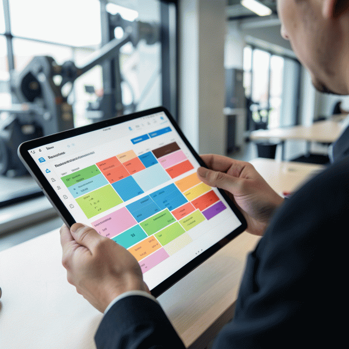 Seorang manajer menggunakan tablet untuk memvisualisasikan dashboard utilisasi aset yang terstruktur, menunjukkan efisiensi operasional.