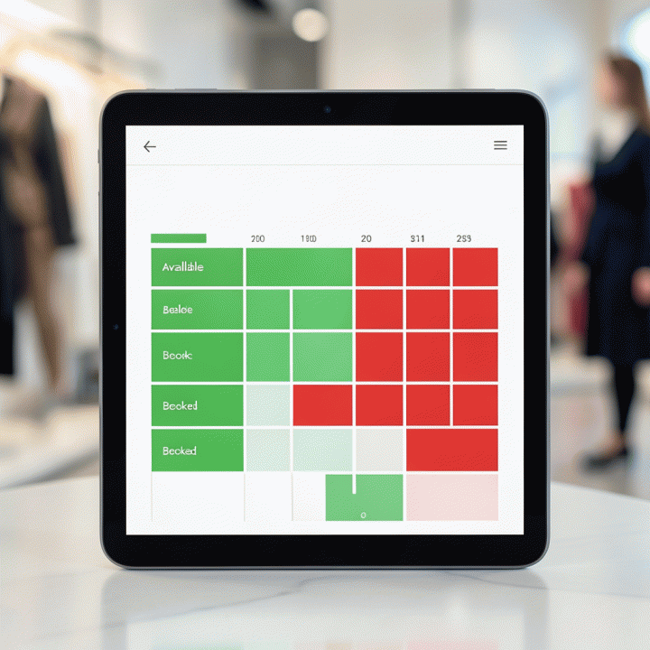 Tampilan layar tablet modern yang menunjukkan kalender pemesanan yang terstruktur dan berwarna-warni, membantu visualisasi ketersediaan inventaris fashion.