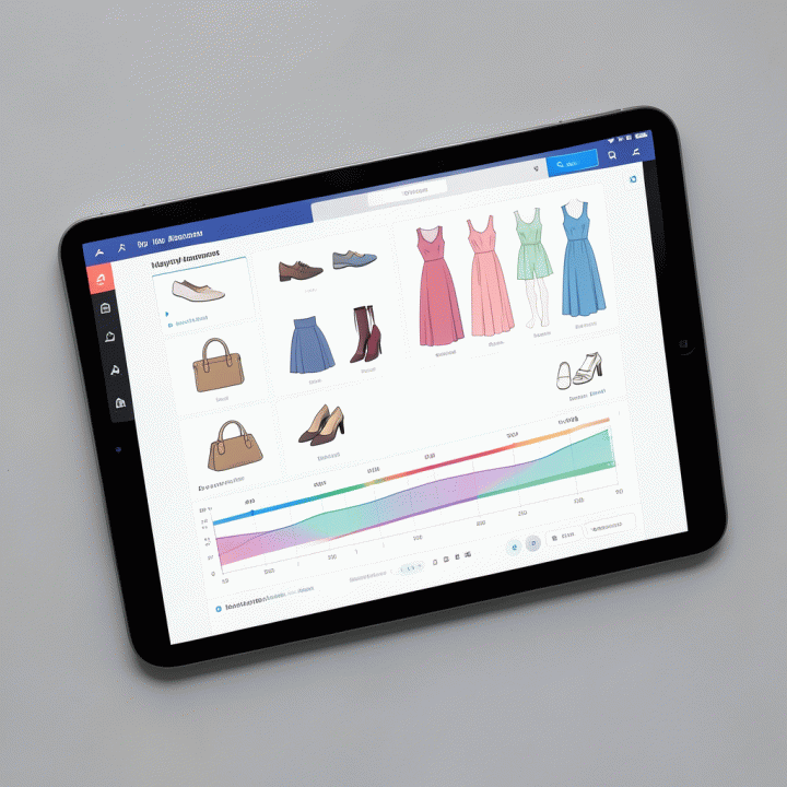 Pandangan dari atas yang menunjukkan antarmuka sistem manajemen inventaris digital yang terpadu, melacak berbagai item fashion secara real-time.