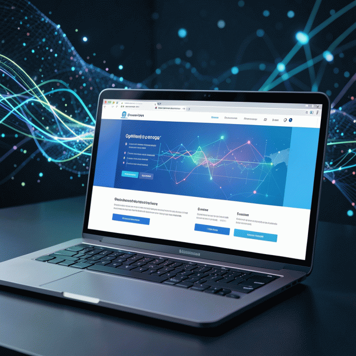 Tampilan laptop modern dengan landing page yang terstruktur dan optimal untuk meningkatkan konversi iklan berbayar, dikelilingi nuansa data digital.