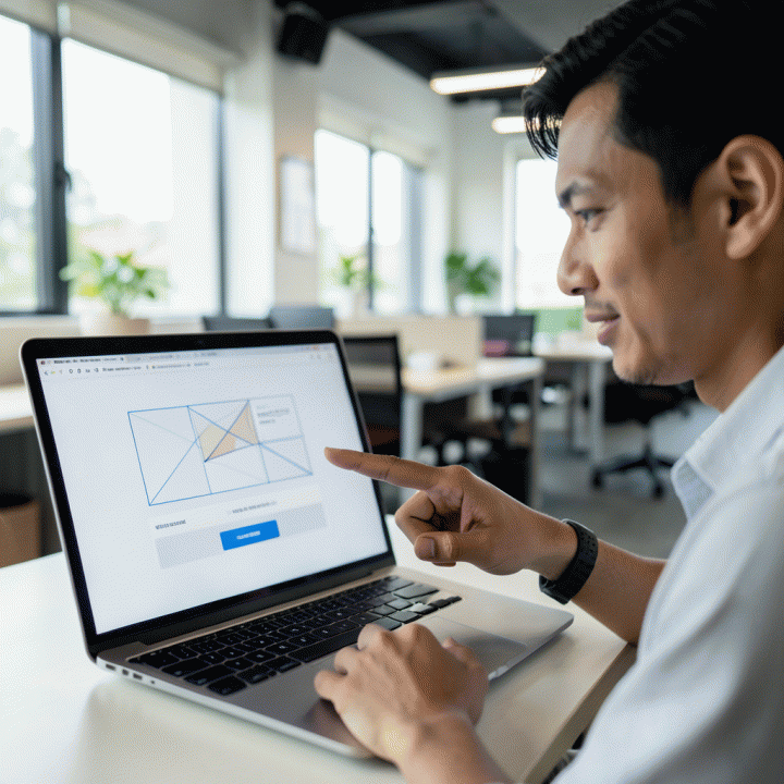 Seorang marketer profesional menunjuk ke desain landing page di laptop, menunjukkan fokus pada struktur dan konversi.