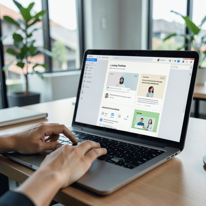 Tangan marketer menggunakan laptop yang menampilkan antarmuka AI builder, menunjukkan proses cepat pembuatan landing page dari input teks sederhana.
