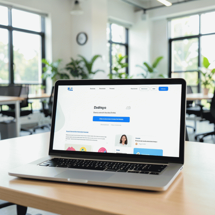 Tampilan layar laptop yang menampilkan desain landing page SaaS modern yang profesional, menyoroti Call-to-Action (CTA) yang jelas dan bukti sosial untuk konversi tinggi.